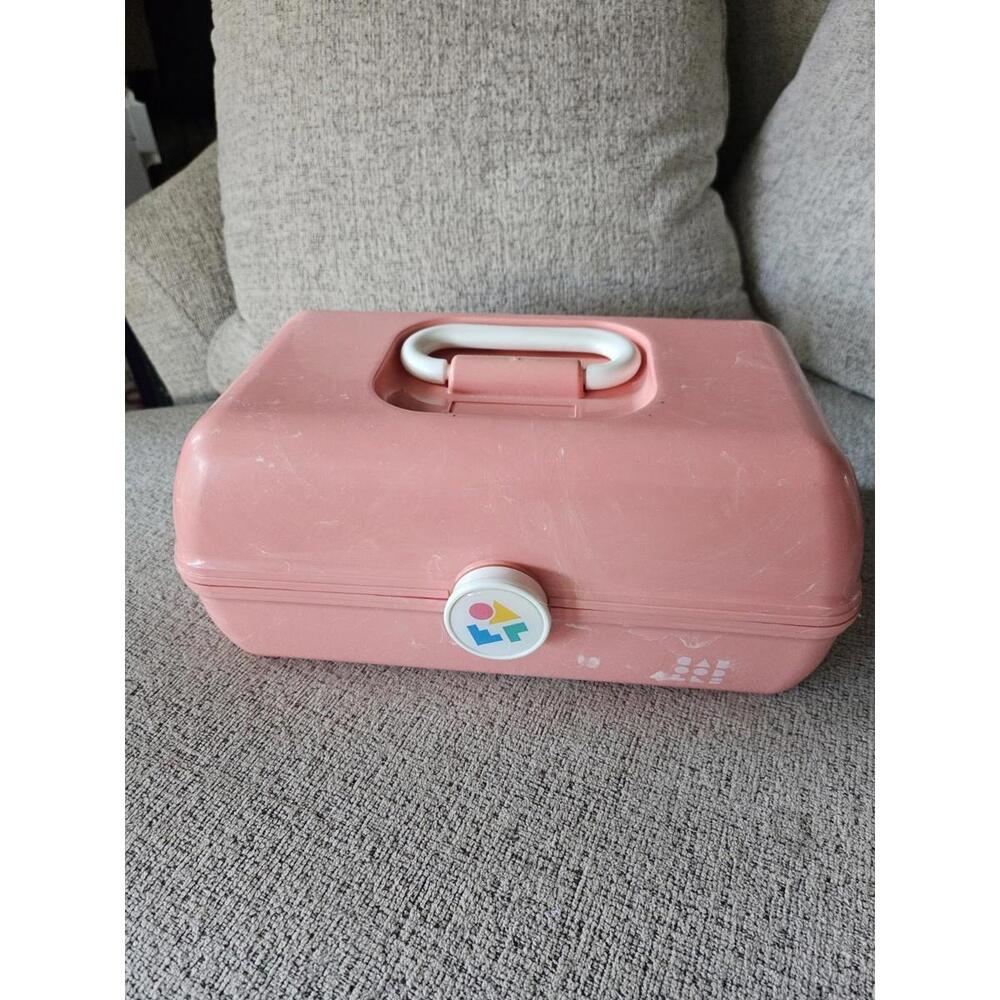Caboodles Peach White Cosmetic Makeup Jewelry Storage Travel Carry Case w/Mirror